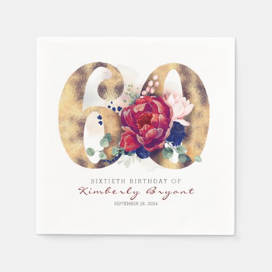 ブルゴーニュの花と金ゴールドタイポグラフィ60誕生日 スタンダードカクテルナプキン (正面)