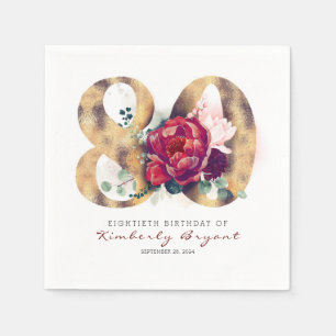 ブルゴーニュの花と金ゴールドタイポグラフィ80誕生日 スタンダードカクテルナプキン