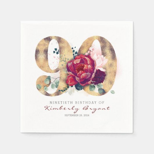 ブルゴーニュの花と金ゴールドタイポグラフィ90誕生日 スタンダードカクテルナプキン (正面)