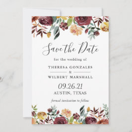 ブルゴーニュの花のモチーフを使った田舎風の結婚式のSave The Dateカード セーブザデート