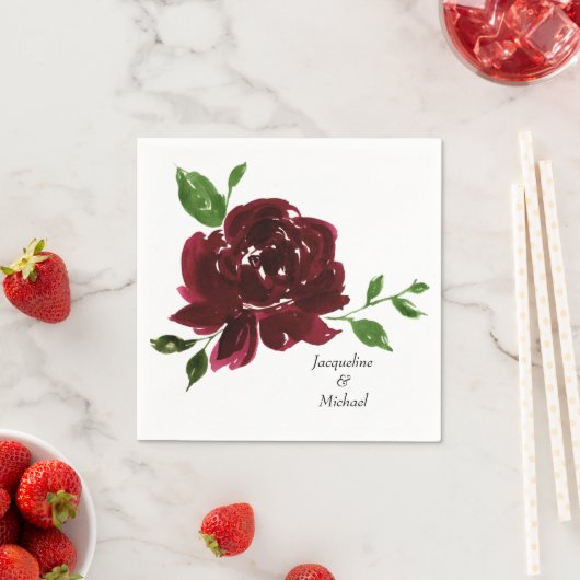 ブルゴーニュの花カスタムのカップルの名結婚前 スタンダードカクテルナプキン (インサイチュ)