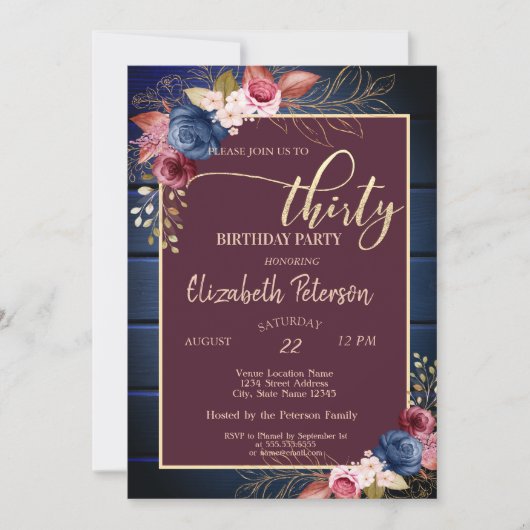 ブルゴーニュの花ネイビーブルーウッド30歳の誕生日 招待状 (正面)
