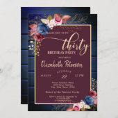 ブルゴーニュの花ネイビーブルーウッド30歳の誕生日 招待状 (正面/裏面)
