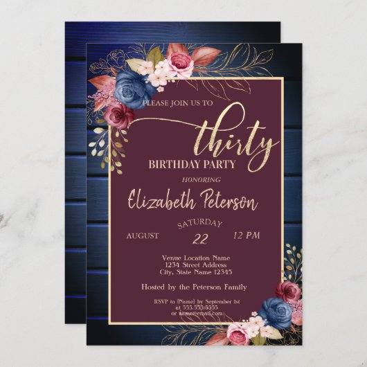 ブルゴーニュの花ネイビーブルーウッド30歳の誕生日 招待状 (正面/裏面)