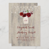 ブルゴーニュの花メイスンジャー素朴ウッド結婚ズ 招待状 (正面/裏面)