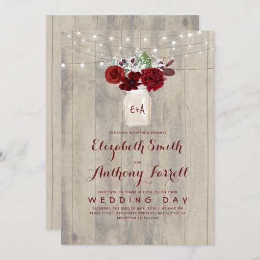 ブルゴーニュの花メイスンジャー素朴ウッド結婚ズ 招待状 (正面/裏面)