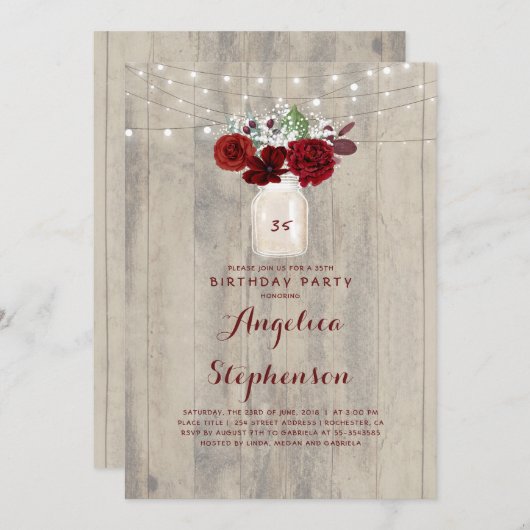 ブルゴーニュの花メイスンジャー素朴誕生日パーティー 招待状 (正面/裏面)