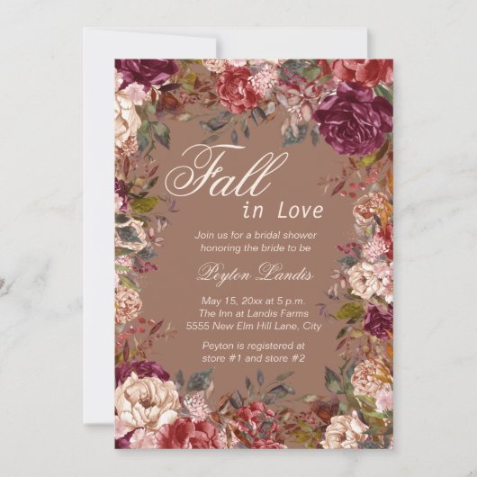 ブルゴーニュの花柄とベージュの「Fall in Love」ブライダルシャワー 招待状 (正面)