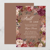 ブルゴーニュの花柄とベージュの「Fall in Love」ブライダルシャワー 招待状 (正面/裏面)