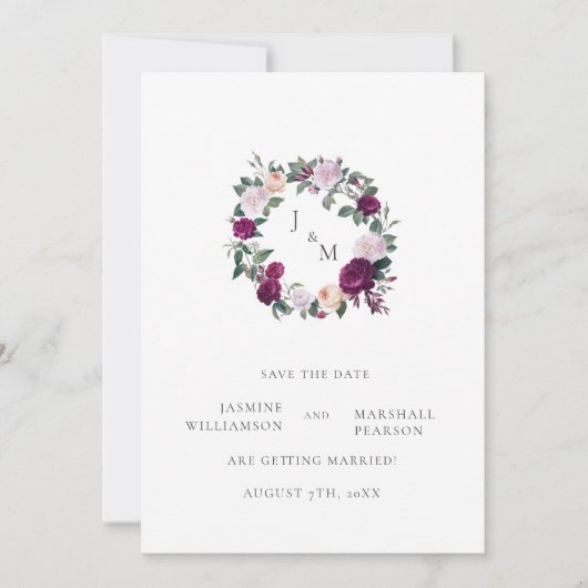 ブルゴーニュの花模様エレガントは日付を保存する 招待状 (正面)