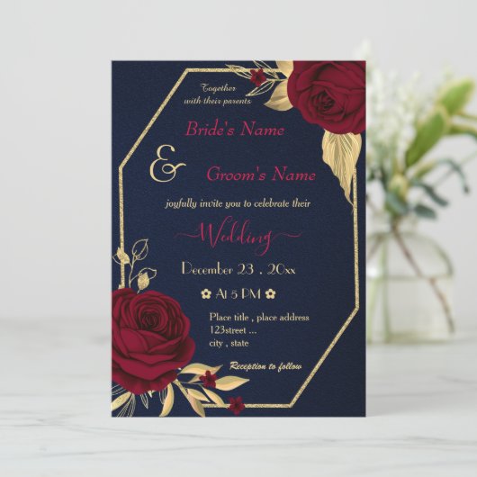 ブルゴーニュの花金ゴールドジオメト結婚リー海軍 招待状 (スタンド正面)