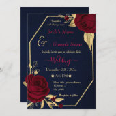 ブルゴーニュの花金ゴールドジオメト結婚リー海軍 招待状 (正面/裏面)