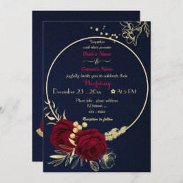 ブルゴーニュの花金ゴールド結婚ネイビー 招待状