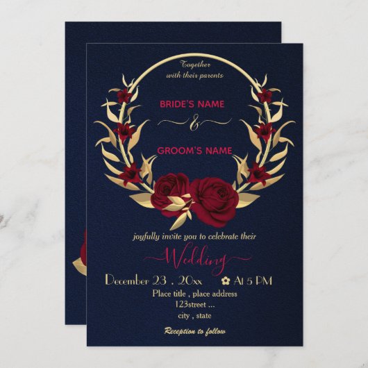 ブルゴーニュの花金ゴールド結婚ネイビー 招待状 (正面/裏面)