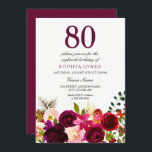 ブルゴーニュの花80th Birthday Partyへの招待 招待状<br><div class="desc">バーガンディの花80th誕生日パーティー招待マッチのコレクションのニッチとネストストア。Bohoシックなブルゴーニュ赤い水色フローラ美しい手絵を描水の色イラストレーション</div>