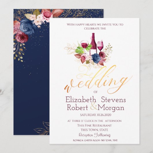 ブルゴーニュの花 ネイビーブルーの結婚式 ワイン テイスティング 招待状 (正面/裏面)