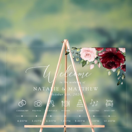 ブルゴーニュの花、ピンクの花、のタイムラ結婚イン アクリルサイン (ニュートラル)