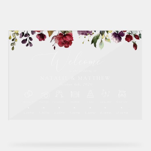 ブルゴーニュの花、ピンクの花、のタイムラ結婚イン アクリルサイン (正面)