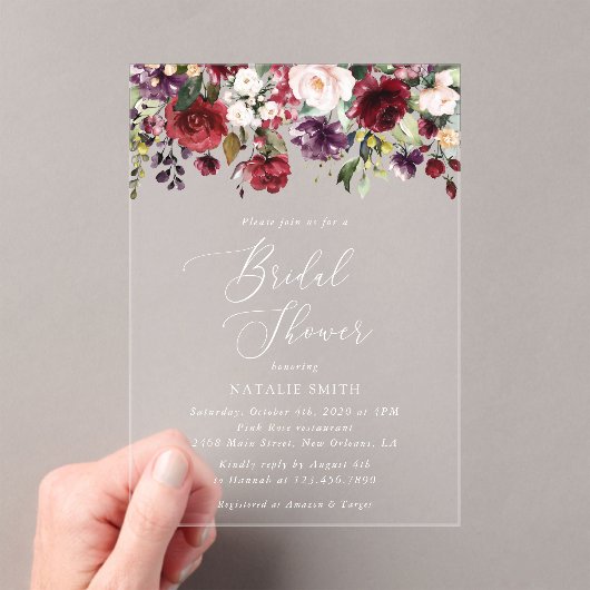 ブルゴーニュの花、ピンクの花、ボホブライダルシャワー アクリル招待状 (インサイチュ (ポータブル))