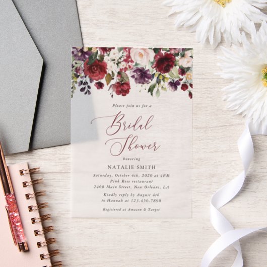 ブルゴーニュの花、ピンクの花、ボホブライダルシャワー ベラム紙招待状 (ウェディング)