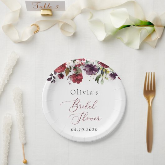 ブルゴーニュの花、ピンクの花、ボホブライダルシャワー ペーパープレート (ウェディング)