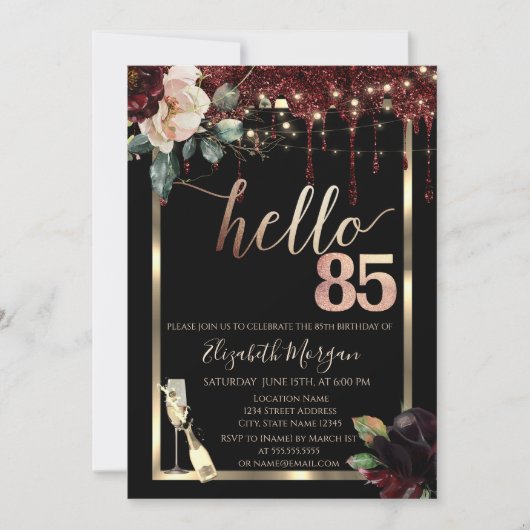 ブルゴーニュの花,フレーム,シャンパン85誕生日 招待状 (正面)