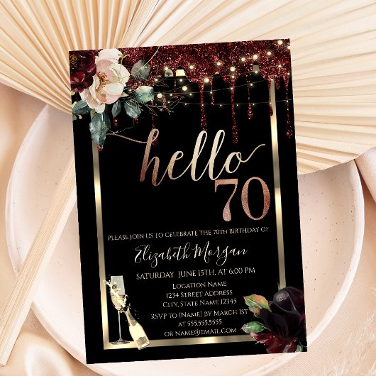 ブルゴーニュの花,枠,シャンパン70誕生日 招待状