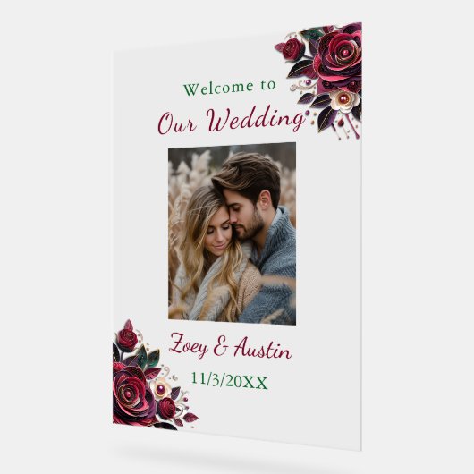 ブルゴーニュの花、葉、真珠パーソナライズされた アクリルサイン (傾斜)