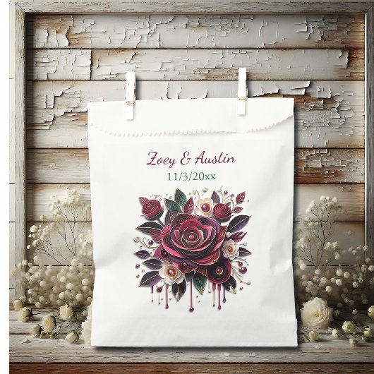 ブルゴーニュの花、葉、真珠パーソナライズされた フェイバーバッグ