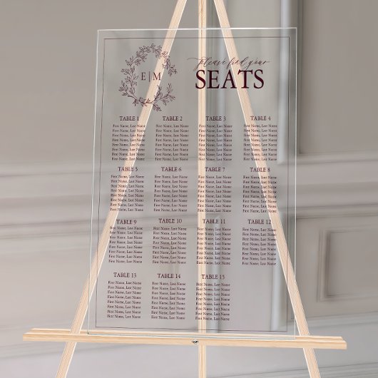 ブルゴーニュの葉付きクレストモノグラム結婚の座席 アクリルサイン