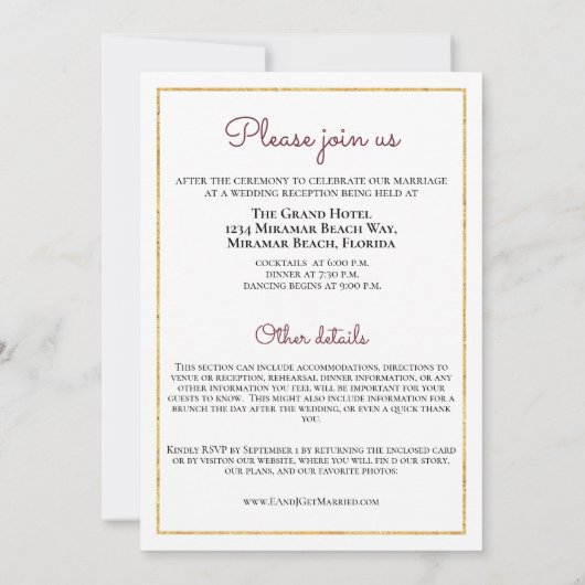 ブルゴーニュの赤面フローラの金ゴールド結婚をすべて 招待状 (裏面)