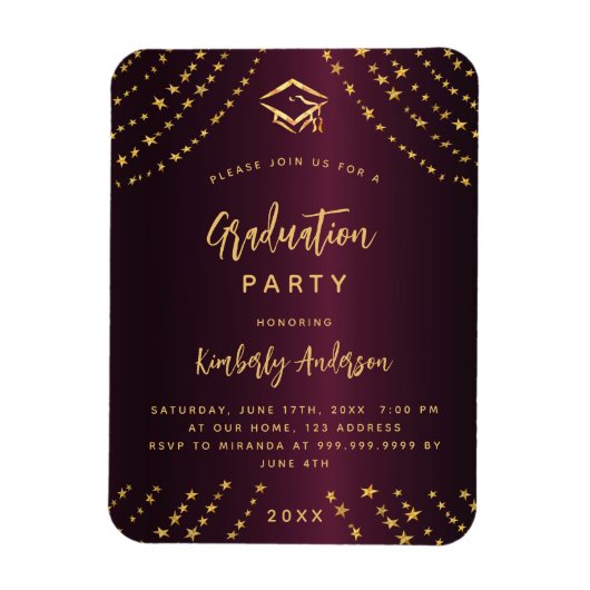 ブルゴーニュの金ゴールドスターの卒業式パーティーへの招待 マグネット (縦)