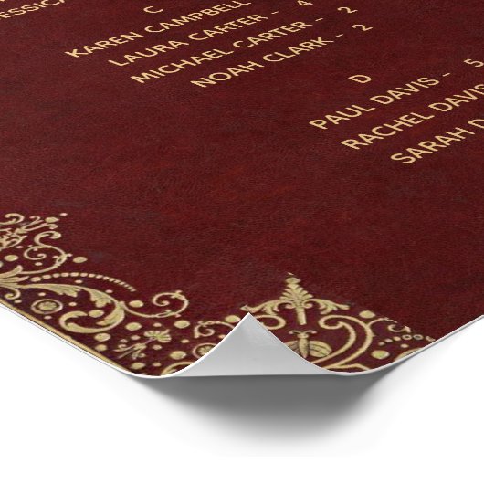 ブルゴーニュの金ゴールドヴィンテージのアルファベット順の座席表 ポスター (角)