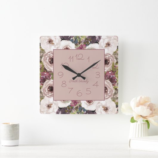 ブルゴーニュアイボリークリームフローラ  スクエア壁時計 (ホーム)