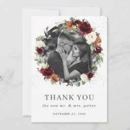 ブルゴーニュアイボリーバーントオレンジフローラリース写真 サンキューカード