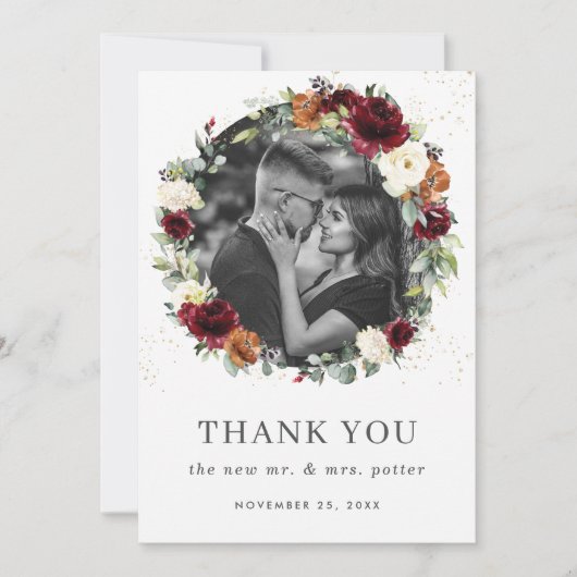 ブルゴーニュアイボリーバーントオレンジフローラリース写真 サンキューカード (正面)