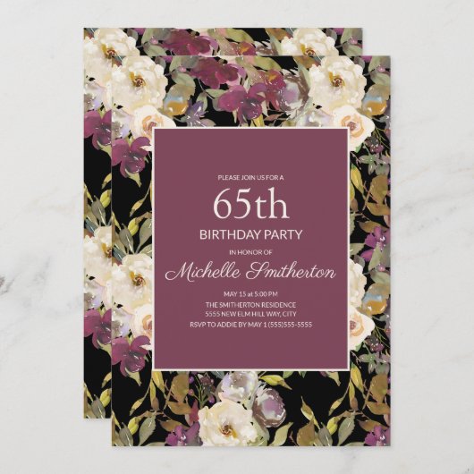 ブルゴーニュアイボリーフローラリーフ黒65誕生日 招待状 (正面/裏面)