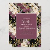 ブルゴーニュアイボリーフローラリーフ黒95誕生日 招待状 (正面/裏面)