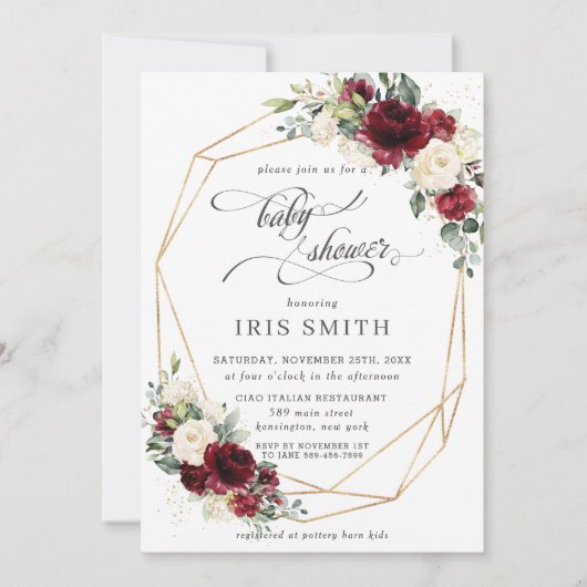ブルゴーニュアイボリーホワイトフローラベビーシャワー幾何学 招待状 (正面)