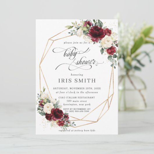ブルゴーニュアイボリーホワイトフローラベビーシャワー幾何学 招待状 (スタンド正面)