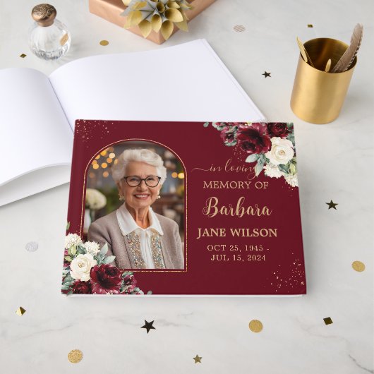 ブルゴーニュアイボリーホワイトフローラメモリアル葬儀写真 ゲストブック (正面見開き)