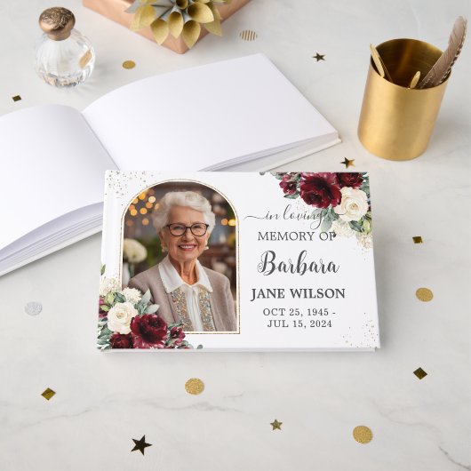 ブルゴーニュアイボリーホワイトフローラメモリアル葬儀写真 ゲストブック (正面見開き)