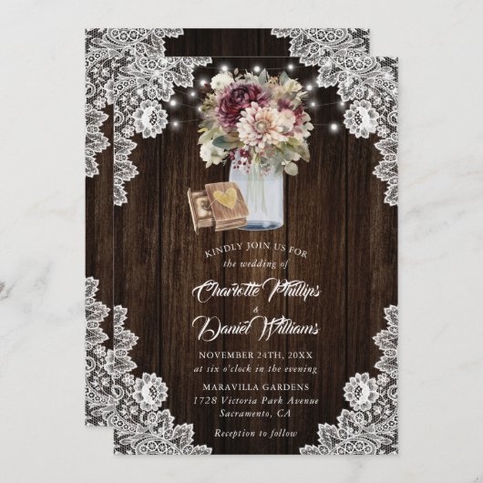 ブルゴーニュアイボリーメイスンジャールウッドフローラズ 招待状 (正面/裏面)