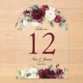 ブルゴーニュアイボリー結婚フローラのアーチテーブル番号 アクリル招待状 (正面)