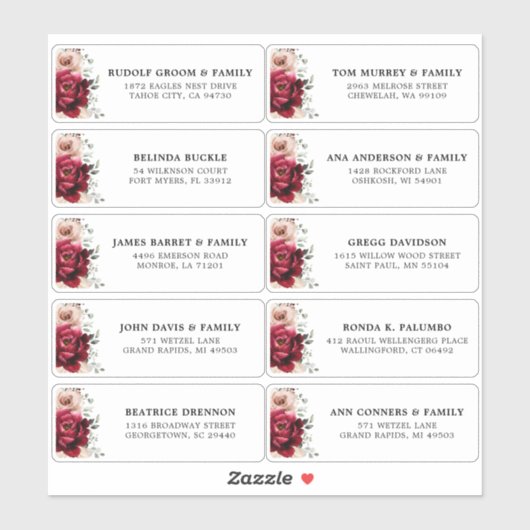 ブルゴーニュアイボリー赤面結婚フローラのゲストアドレス シール (シート)