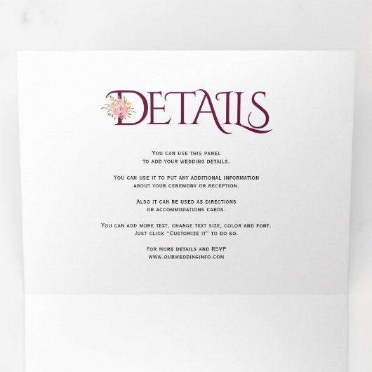 ブルゴーニュイニシャルとアンパサンド結婚ピンクのバラ 三つ折り招待状 (内部最初)