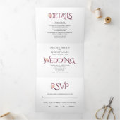 ブルゴーニュイニシャルとアンパサンド結婚ピンクのバラ 三つ折り招待状 (内部)