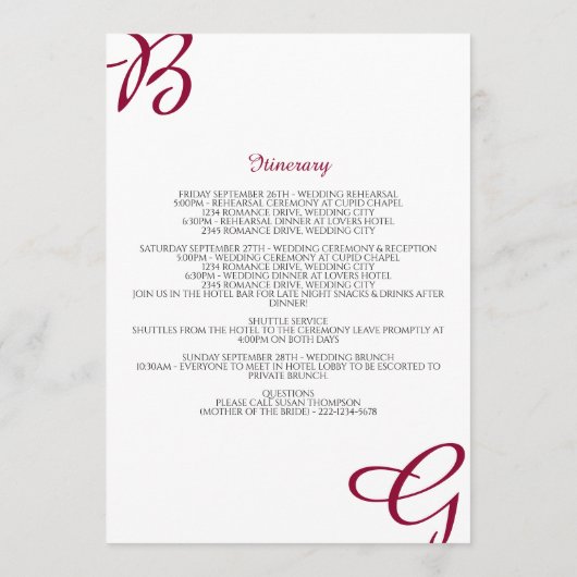 ブルゴーニュイニシャル秋の結婚式歓迎の日程 プログラム (裏面)