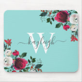 ブルゴーニュウォーター色フローラターコイズ モノグラムの マウスパッド (正面)