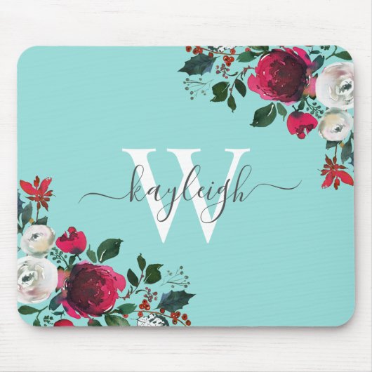 ブルゴーニュウォーター色フローラターコイズ モノグラムの マウスパッド (正面)